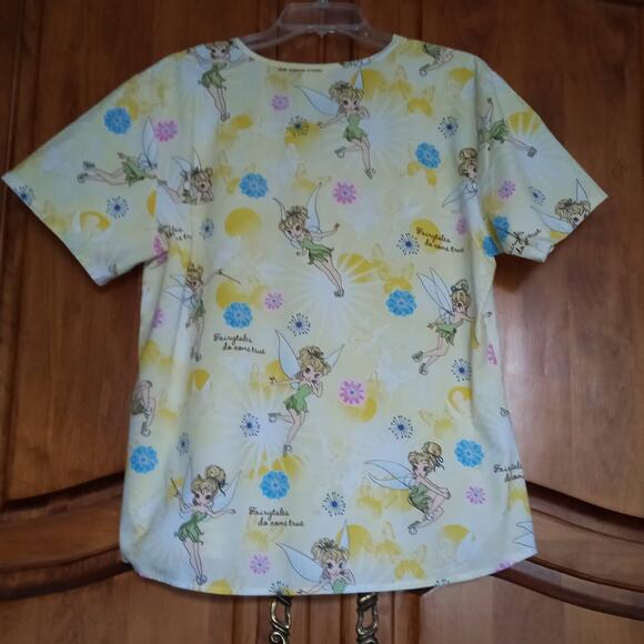 DISNEY Tinkerbell Scrubs Top Dreams Do Come True Yellow Cotton Medical V Neck M - Picture 3 of 5